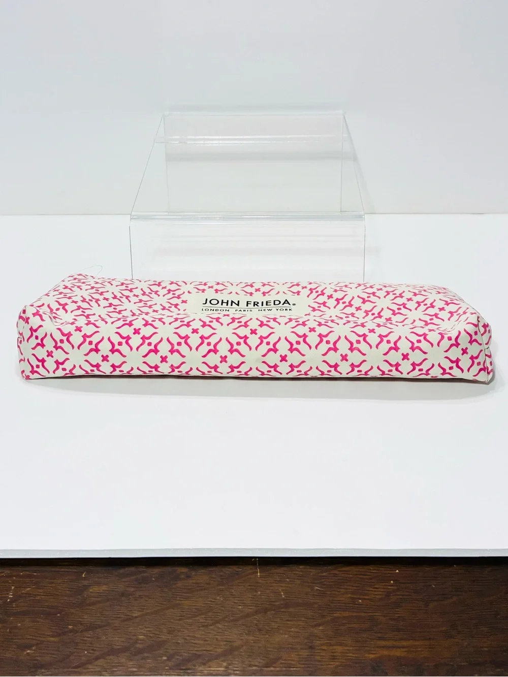 NEW John Frieda Hair Tool Cosmetic Zip Travel Pouch Pink White Geometric